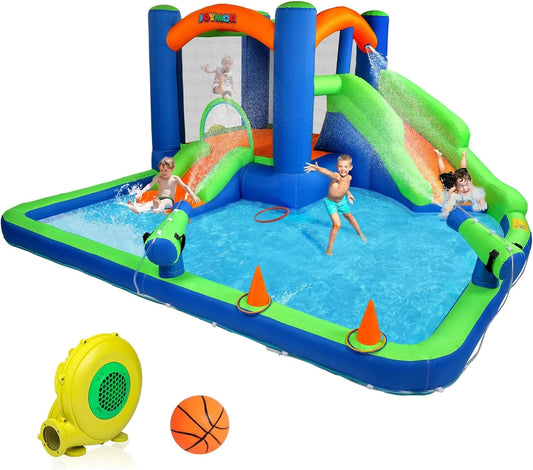 (2024 New) JOYMOR Inflatable Slide Bounce House for Kid 3-6; Inflatable Slide w/Basketball Hoop; Cannon; Ring-Toss Game; Inflatable Bounce House w/Slides; Air Blower